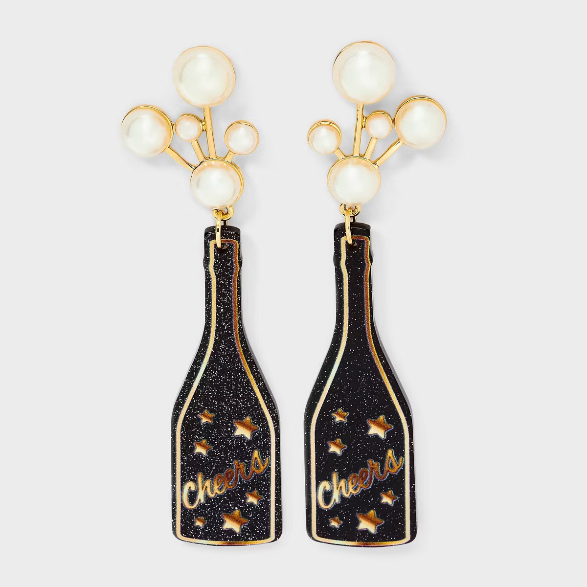 New Years Holiday Champagne Bottle Post Drop Earrings - Black/Gold | Target