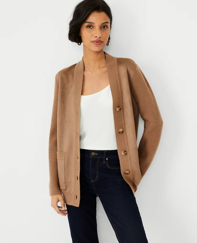 Petite Faux Suede Mixed Media Boyfriend Cardigan | Ann Taylor (US)