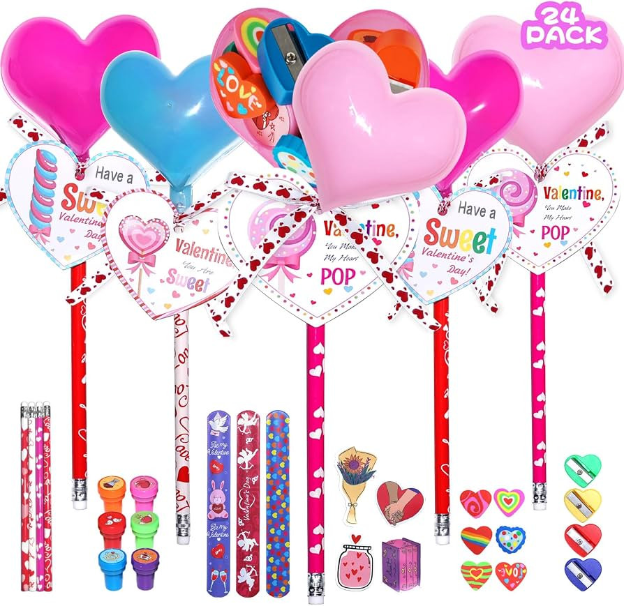 Valentine’s Day Gift Cards for Kids: 24 Pack Giant Heart-Shaped Lollipop Stationery Set with Pe... | Amazon (US)