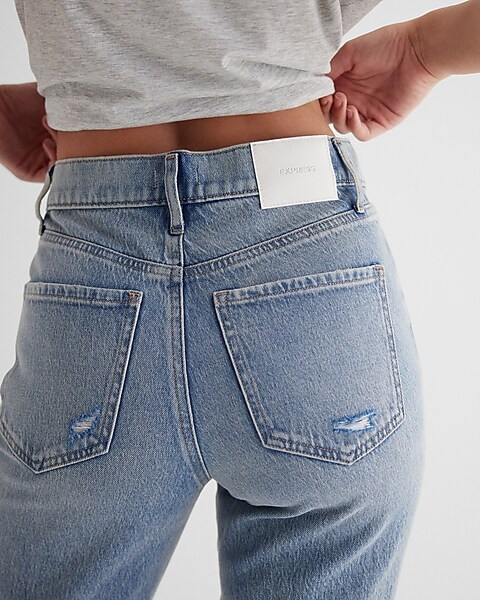 High Waisted Light Wash Ripped Straight Ankle Jeans | Express