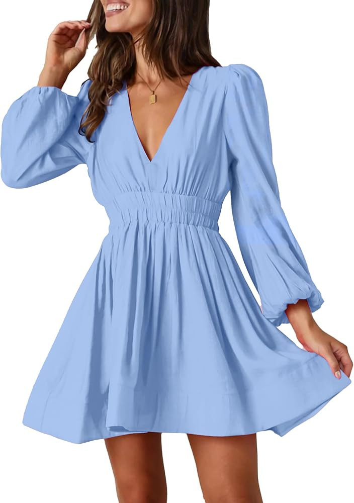 Mini Dress Deep V Sexy Dress Long Sleeve Dress for Women A-line High Waisted Casual Flowy Dress | Amazon (US)
