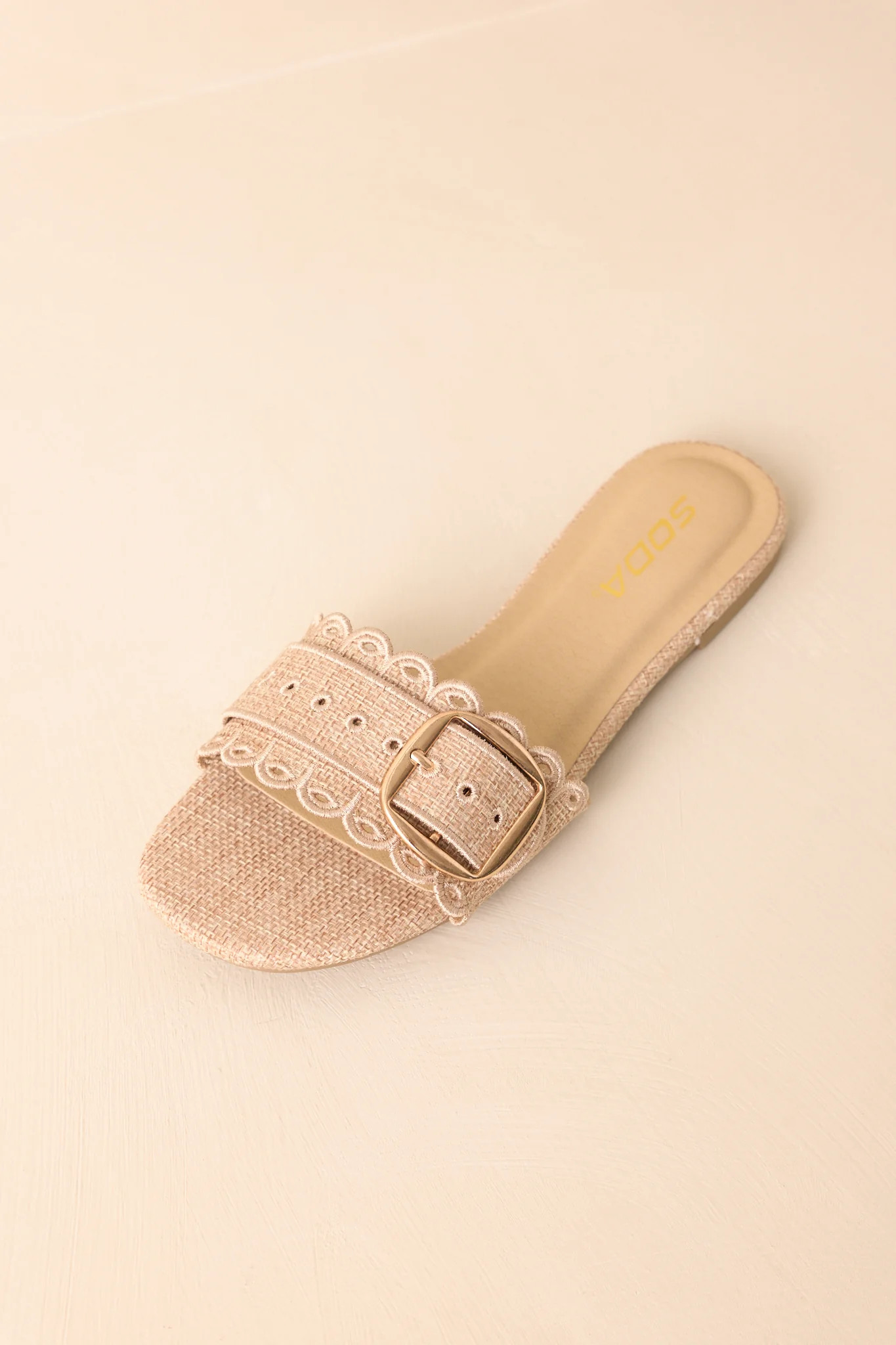 Find Your Pace Natural Woven Embroidered Eyelet Flat Sandals | Red Dress