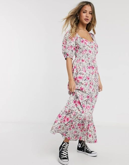 ASOS DESIGN tiered maxi dress with puff sleeves and open back in ditsy floral print | ASOS (Global)