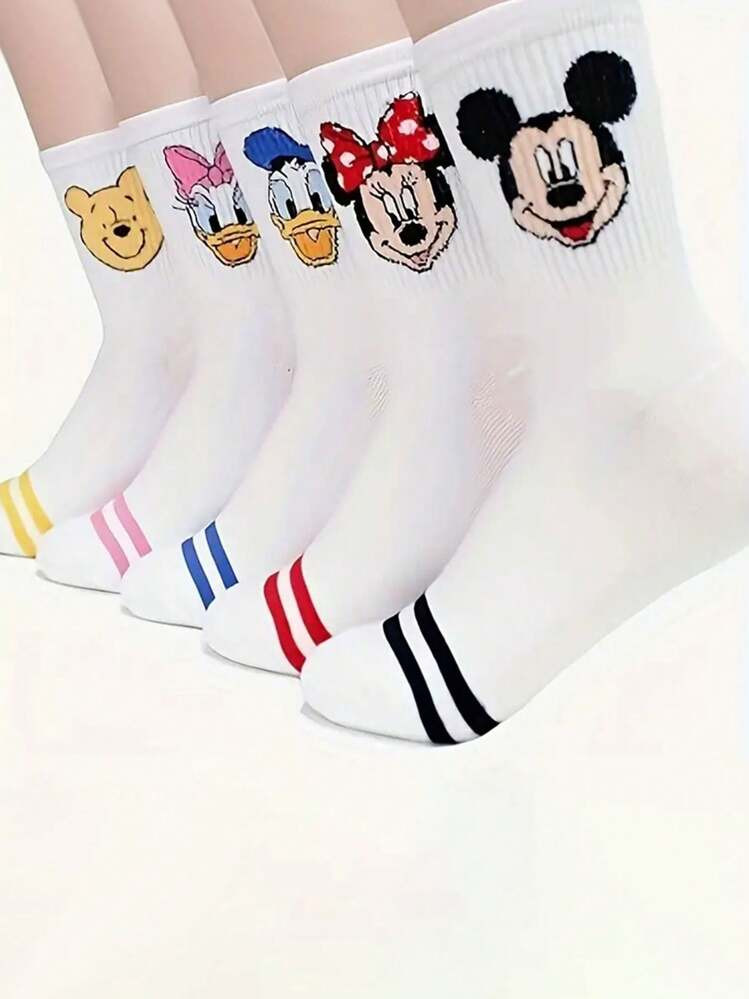 Disney 5 Pairs Unisex Cartoon Character Crew Socks, Including , Donald Duck, Soft, Breathable Nov... | SHEIN