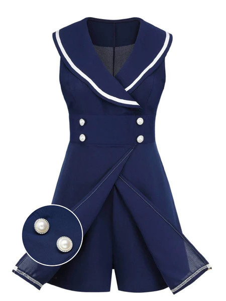 [US Warehouse] Navy Blue 1950s Sailor Collar Romper | Retro Stage
