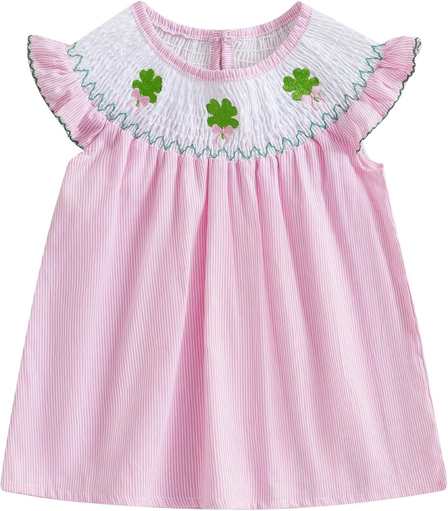 St Patricks Day Baby Girl Outfit Shamrock Smocked Dress Flutter Sleeve Clover Bows Embroidery Tod... | Amazon (US)
