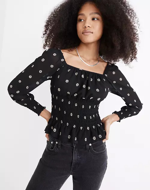 (Re)sourced Georgette Square-Neck Smock-Waist Top in Bloom Dot | Madewell