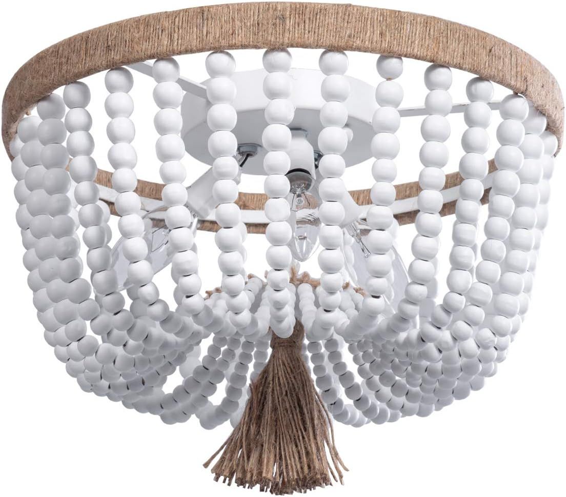 VILUXY Bohemia Wood Beaded Flush Mount Ceiling Light Antique Rustic Mini Chandelier White Finishi... | Amazon (US)