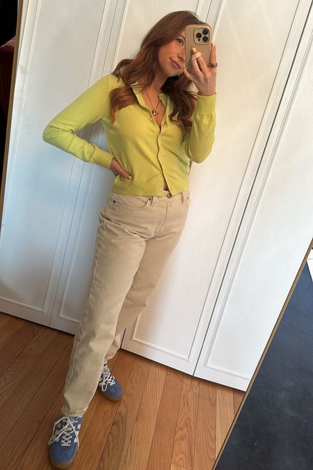 Work OOTD. Yellow cardigan, cream pants, blue adidas sneakers, colorful outfit 

#LTKstyletip