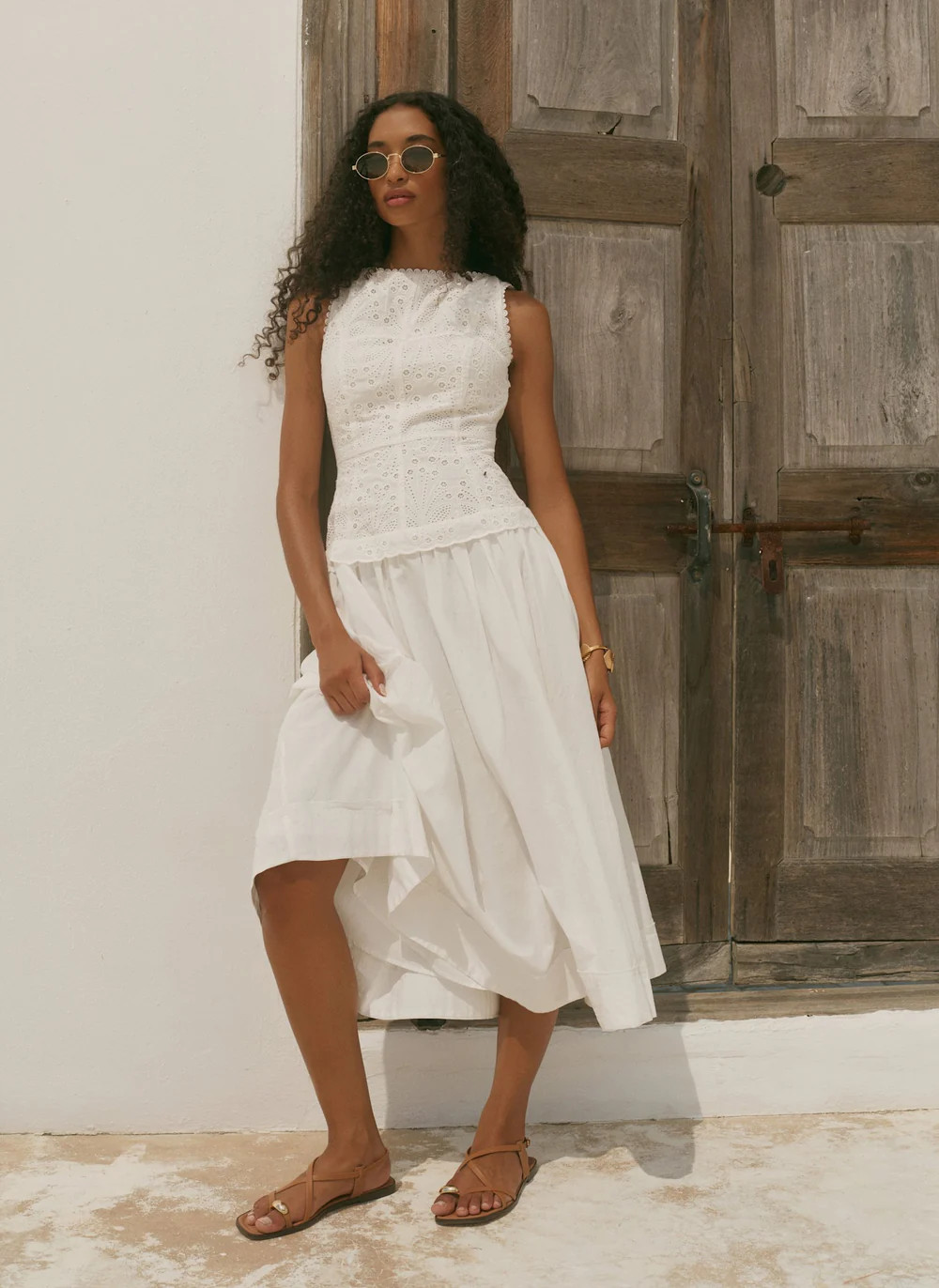 White Cotton Broderie Drop Waist Midi Dress | Mint Velvet