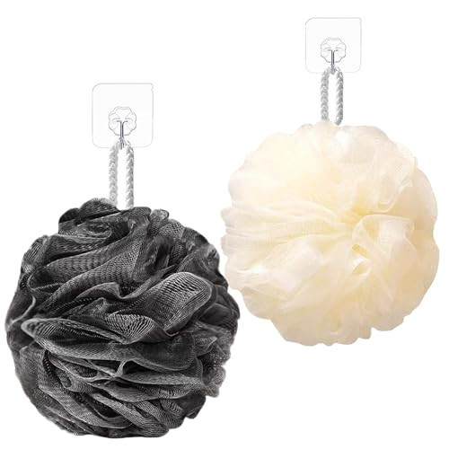 THYUNHE Sunvitae Bath Sponges Loofahs，Shower Puff 80 Grams Large Size，2 Pack Shower Sponge Pouf Ball Exfoliating Cleaning Bath Sponge Shower Loofa Pouf Ball Body Scrubber Balls (Black、Cream) | Amazon (US)