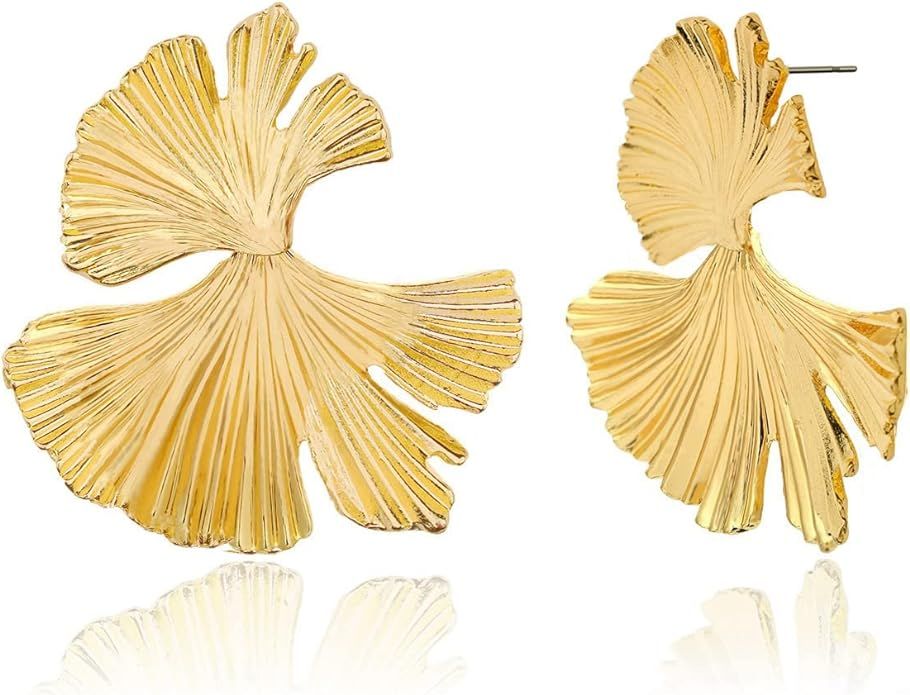 LOKLIFFAI Ginkgo Leaf Flower Earrings, Gold Geometric Statement Earring for Women Girls, 14K Gold... | Amazon (US)