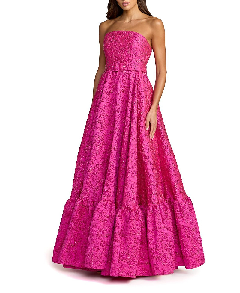 Mac Duggal Strapless Floral Brocade Ruffle Hem Gown with Belt | Bloomingdale's (US)