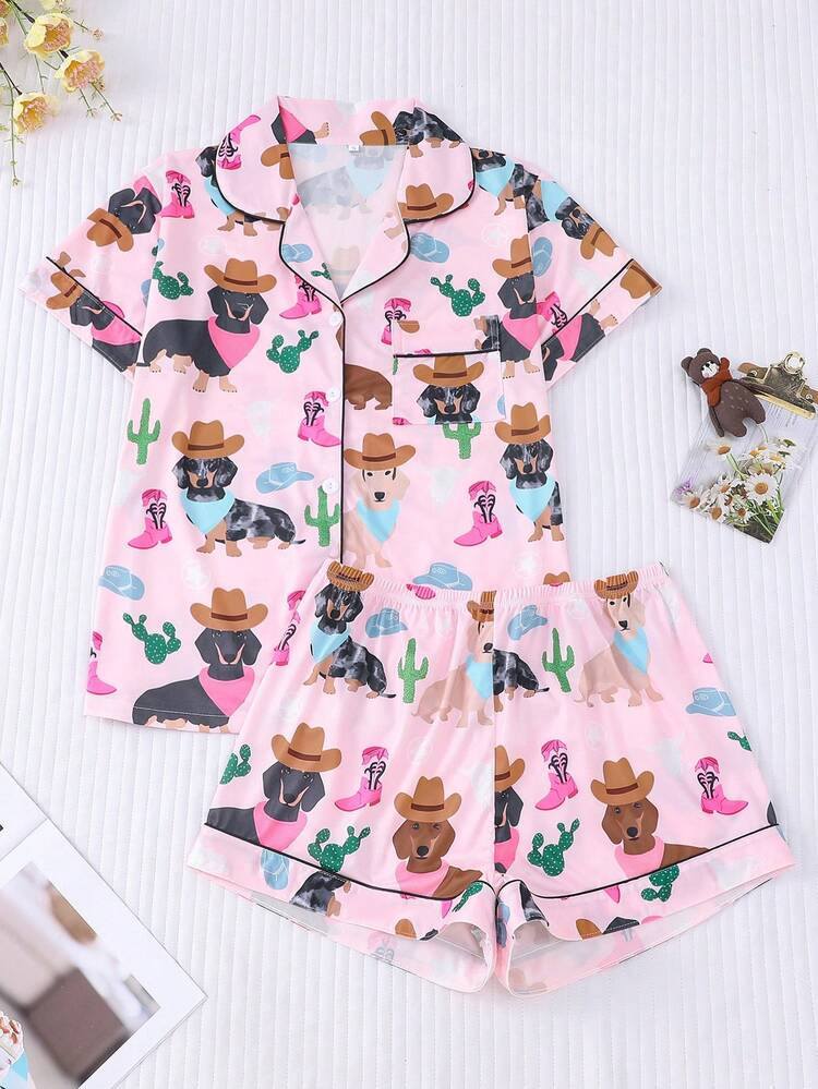 Marira 2pcs Dog Print Pajamas Set For Women, Including Short Sleeve Shirt With Collar & Button, And Loose Elastic Shorts, Suitable For Holiday Party, Casual Wear, Outdoor And Indoor, All Season | SHEIN
