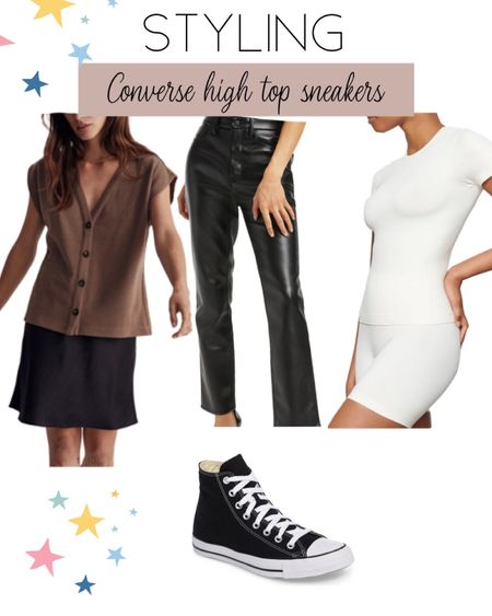 Styling high top converse sneakers 
Faux leather straight leg 
Simple fitted white tee shirt
Button down vest
Gold hoop earrings 
Adorable! 

#LTKunder50 #LTKFind #LTKsalealert