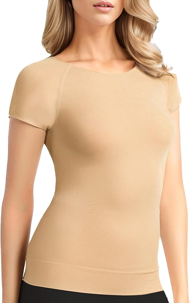 +MD Womens Undershirt Short Sleeve, Light Compression T-Shirt Tank Tops, Tummy Control Scoop Neck... | Amazon (US)