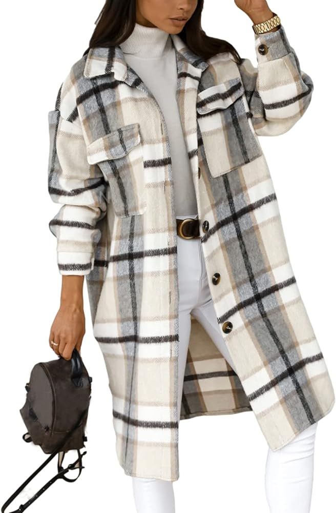 Esmeling Womens Plaid Shacket Brushed Flannel Shirt Jacket Mid Long Wool Blend Tartan Coat | Amazon (US)