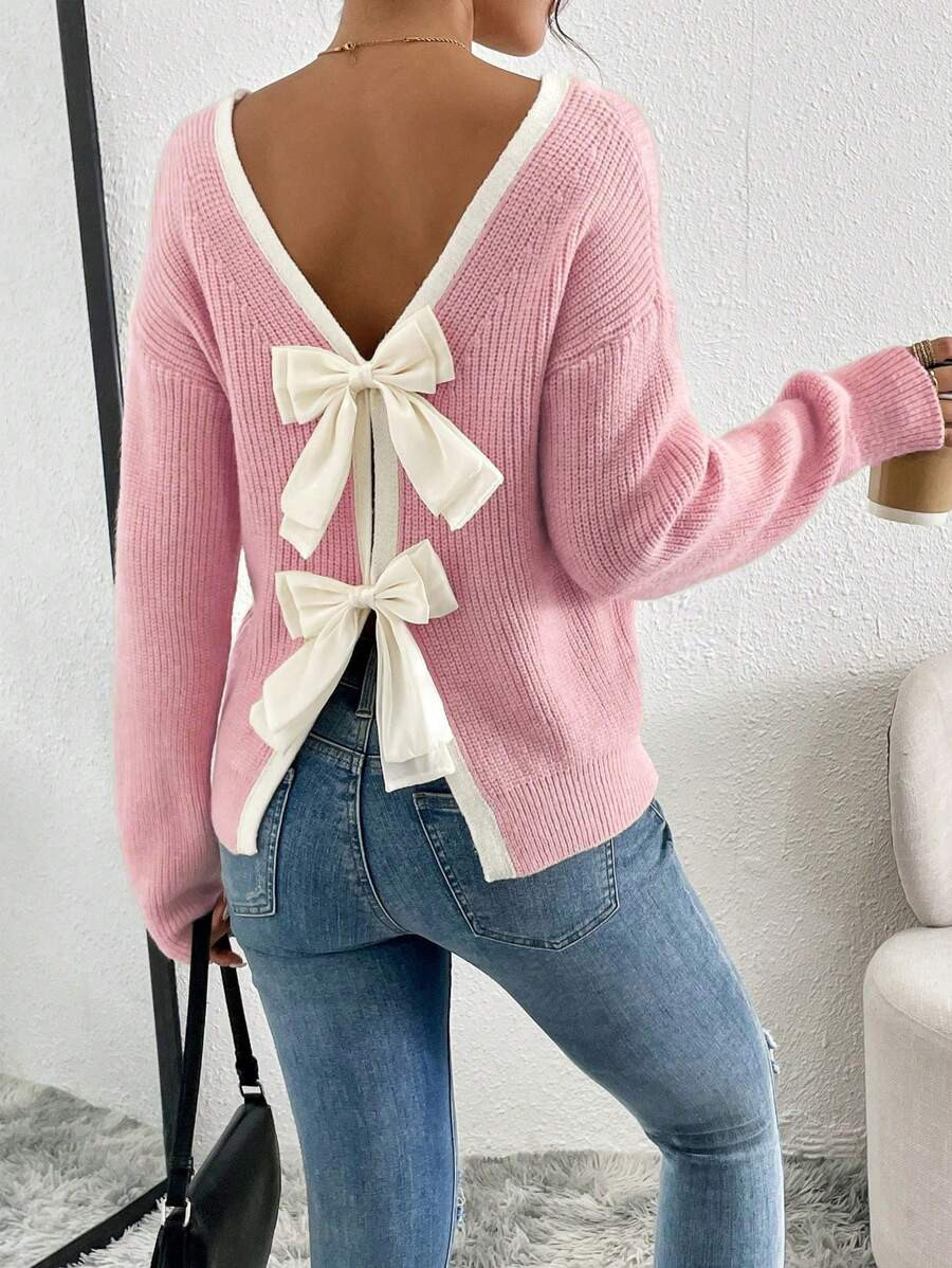 SHEIN ChicEase Women's Casual Contrast Bow Decor Drop Shoulder Loose Fit Pullover Sweater,Long Sl... | SHEIN
