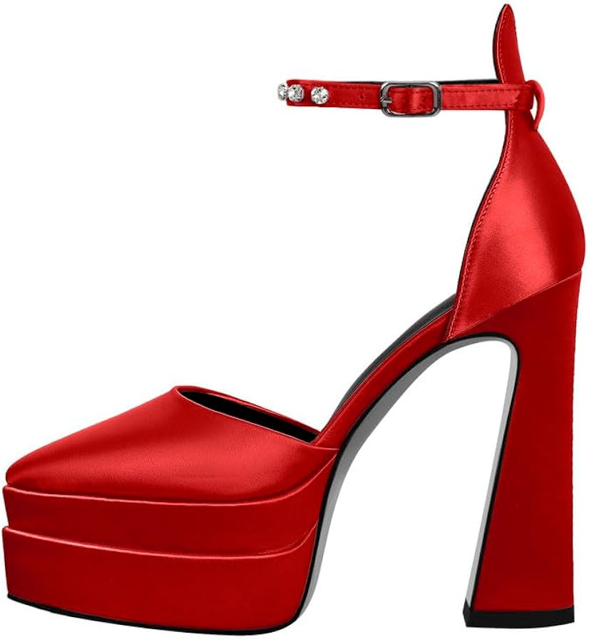 Women’s Double High Chunky Platform Pointed Closed Toe Chunky Heels Ankle Strap Rhinestone Pump... | Amazon (US)