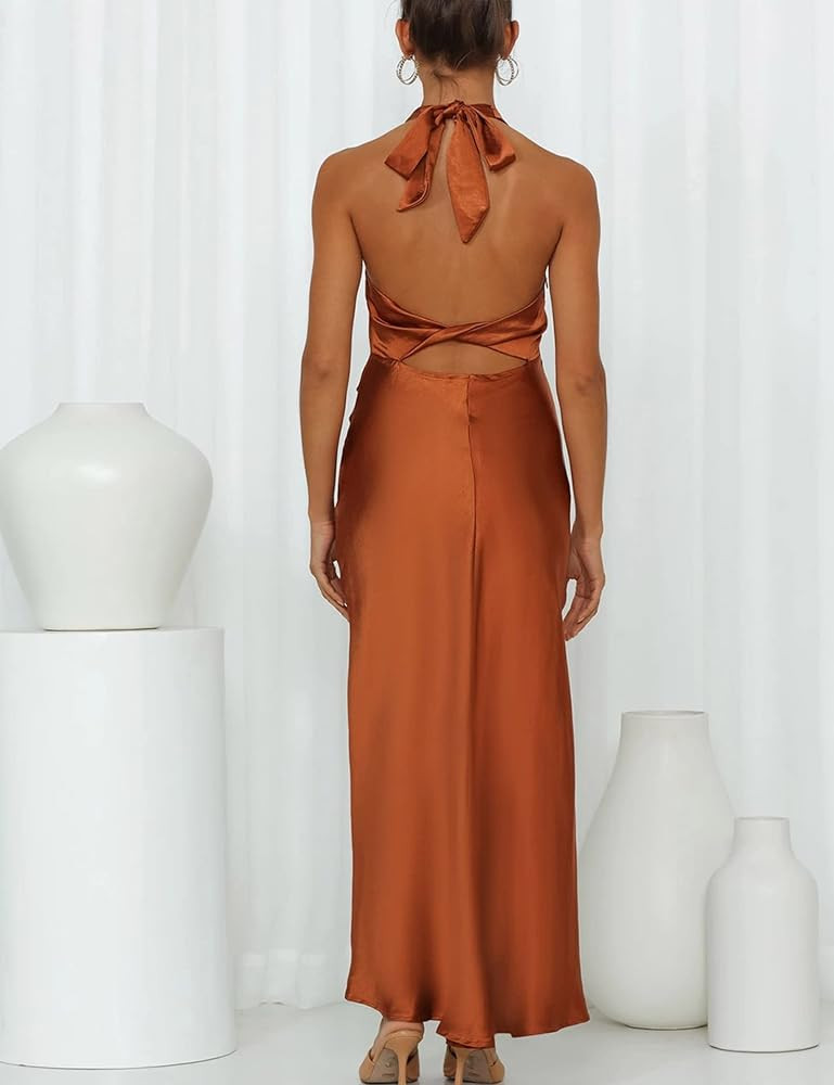 Satin Silk Halter Tie Neck Maxi Formal Dresses for Women- Open Back Twist Ruched Slit Midi Cocktail  | Amazon (US)