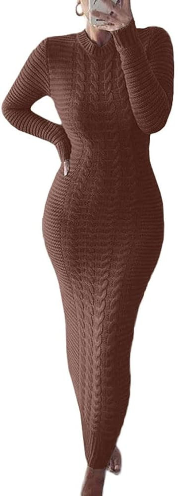 chouyatou Women's Sexy Crewneck Long Sleeve Cable Knit Bodycon Maxi Pullover Sweater Dress | Amazon (US)