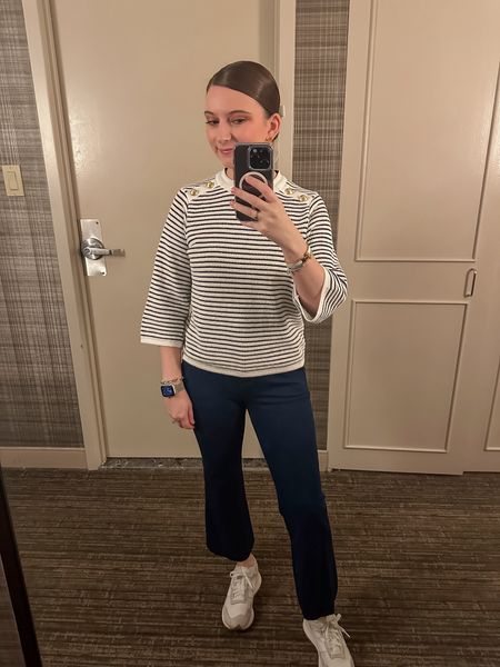 Work outfit diaries 🤍✨💙 I’m obsessed with this little stripe sweater for spring. The gold button detail is a fun touch. 