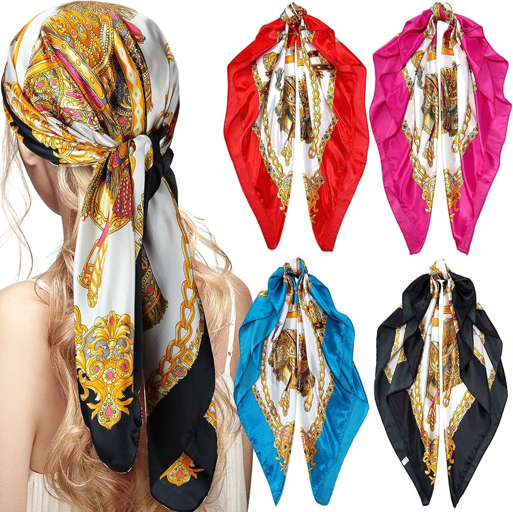Honoson 4 Pcs 35 Inch Satin Head Scarf for Women's Hair Square Bandanas Large Silk Scarves for Sl... | Amazon (US)