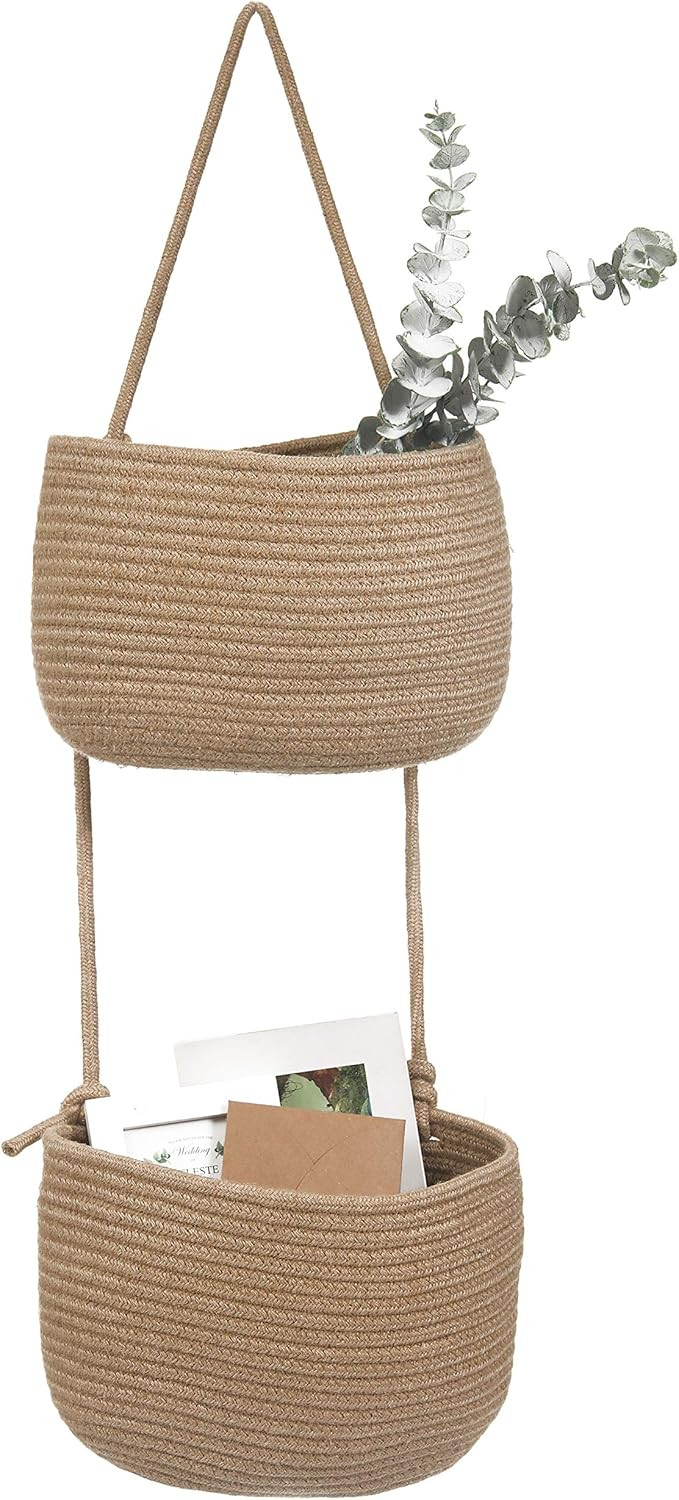Over The Door Hanging Basket, 2 Tier Cotton Rope Woven Wall Basket, Magazine Racks Hanging Organi... | Amazon (US)
