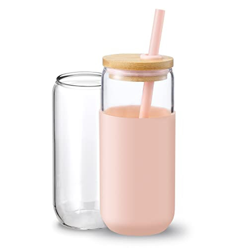 20oz Glass Water Tumbler with Silicone Protective Sleeve - Beer Shaped Glass Cups with Straw and Bamboo Lid, Iced Coffee Glasses, Cute Drinking Glasses for, Water Smoothie, Boba Tea, Gift - Pink | Amazon (US)