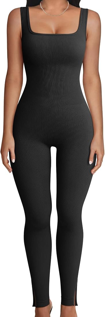 Women's Jumpsuits Ribbed Sleeveless Square Neck Ankle Split One Piece Tank Tops Yoga Jumpsuits | Amazon (US)