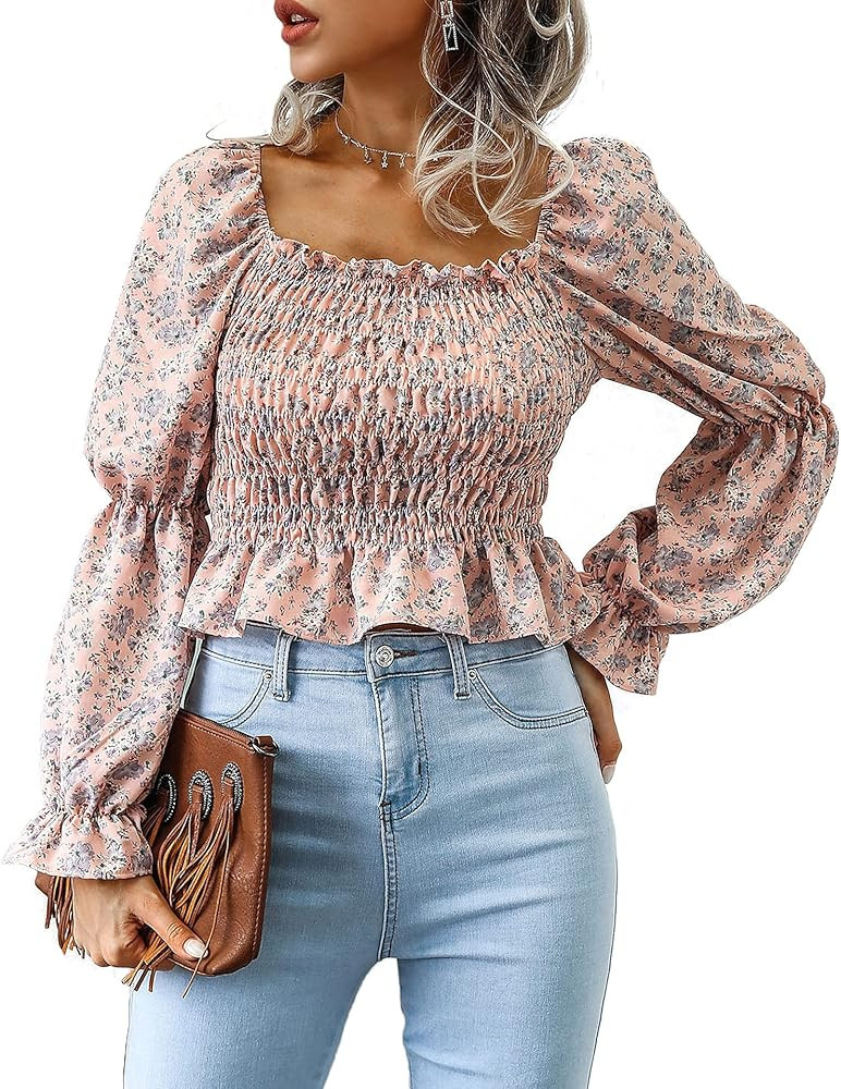 Umenlele Women's Long Sleeve Ruffle Hem Peplum Crop Top Shirred Ruched Tube Blouse | Amazon (US)