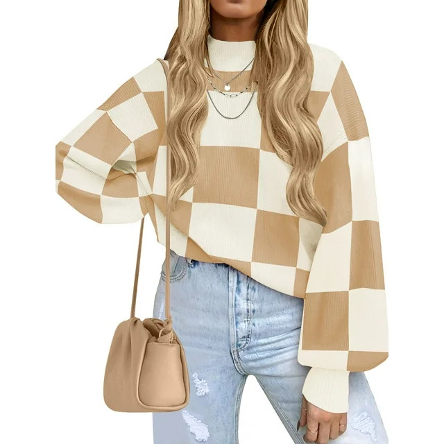 MOSHU Oversized Sweaters for Women Drop Shoulder Plaid Colorblock Tops Fall Crewneck Pullover Swe... | Walmart (US)