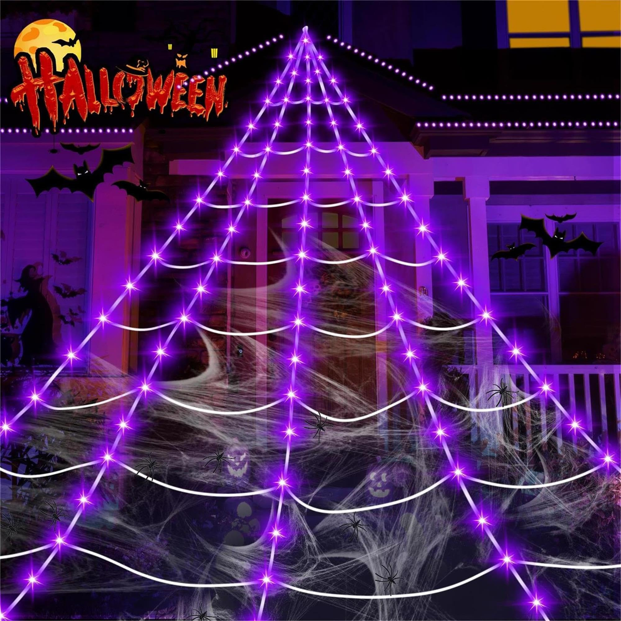 Halloween Decorations Outdoor, 250LED 23x18 FT Giant Spider Web with Purple Lights, Lighted Trian... | Amazon (US)