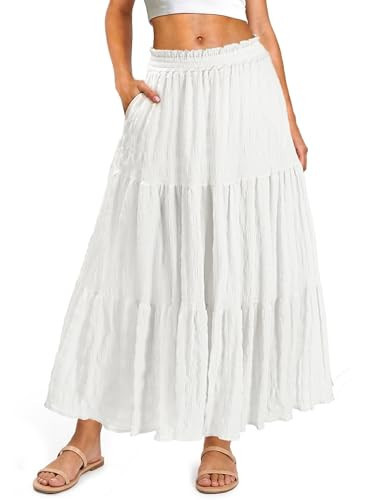 Cossoul Women’s Boho Maxi Skirt Elastic High Waist A Line Flowy Ruffle Spring Beach Long Skirt with Pockets (US, Alpha, Small, Regular, Regular, White) | Amazon (US)