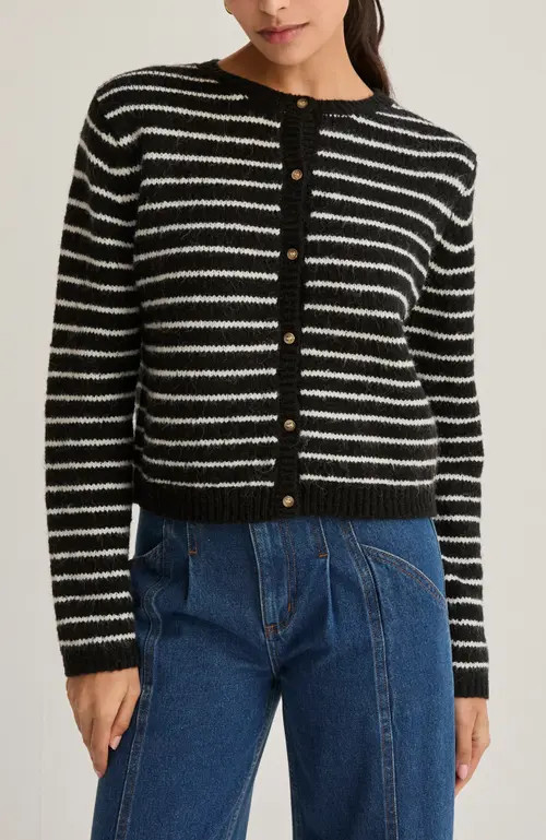 CRESCENT Crew Neck Striped Cardigan in Black/ivory at Nordstrom, Size Small | Nordstrom