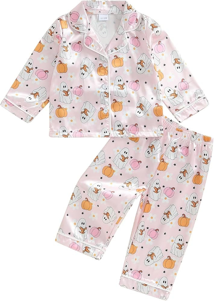 Kids Baby Girl Halloween Pajamas Toddler Satin Set Pumpkin Boo Button Down Shirt Long Pants Sleep... | Amazon (US)