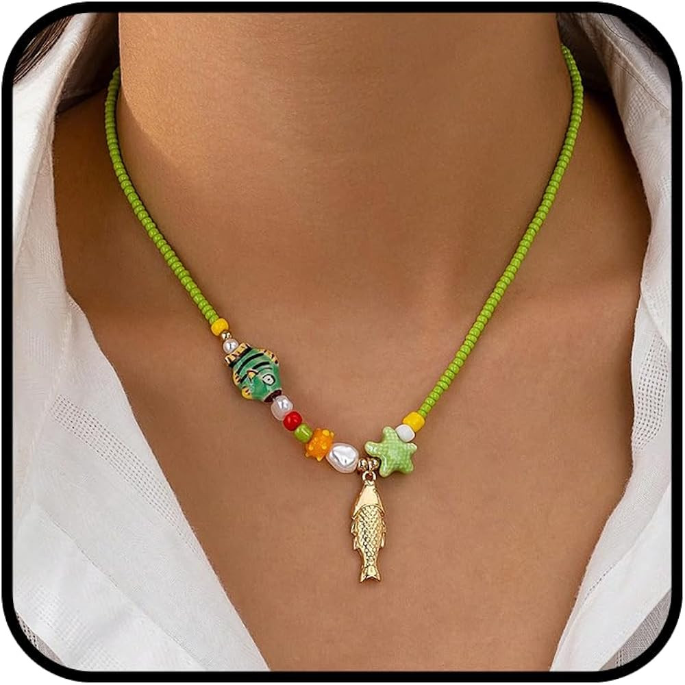 Bead Necklace For Women, Gold Fish Pendant With Colorful Beaded Chain Beach Starfish Charm Bohemi... | Amazon (US)