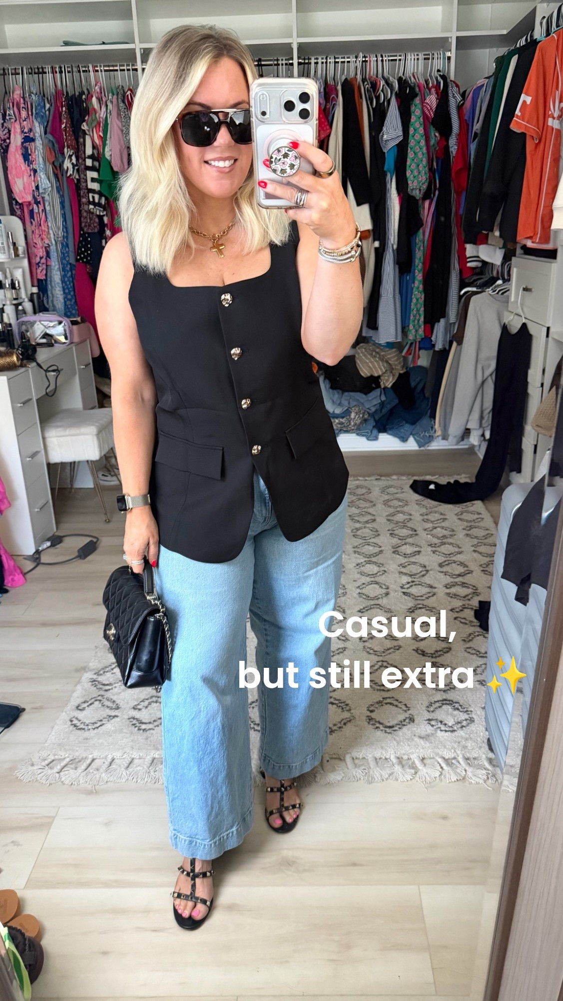 Sharing today’s elevated casual outfit 🖤✨  Structured black top, wide leg jeans, studded heels, layered gold jewelry + my favorite bag. Perfect for errands, lunch, girls day, or casual summer dinners 🤍

#LTKStyle #LTKFinds #WideLegJeans #ElevatedCasual #CasualChic #DenimStyle #EverydayStyle #OOTD #SummerStyle #FashionOver40 #MomStyle #ChicStyle #StyleInspo #InfluencerStyle #CoolMomStyle #MidsizeStyle #LuxuryStyle #SalonDay #CasualLuxury #SummerOutfitIdeas

#LTKOver40 #LTKootd #LTKPetite