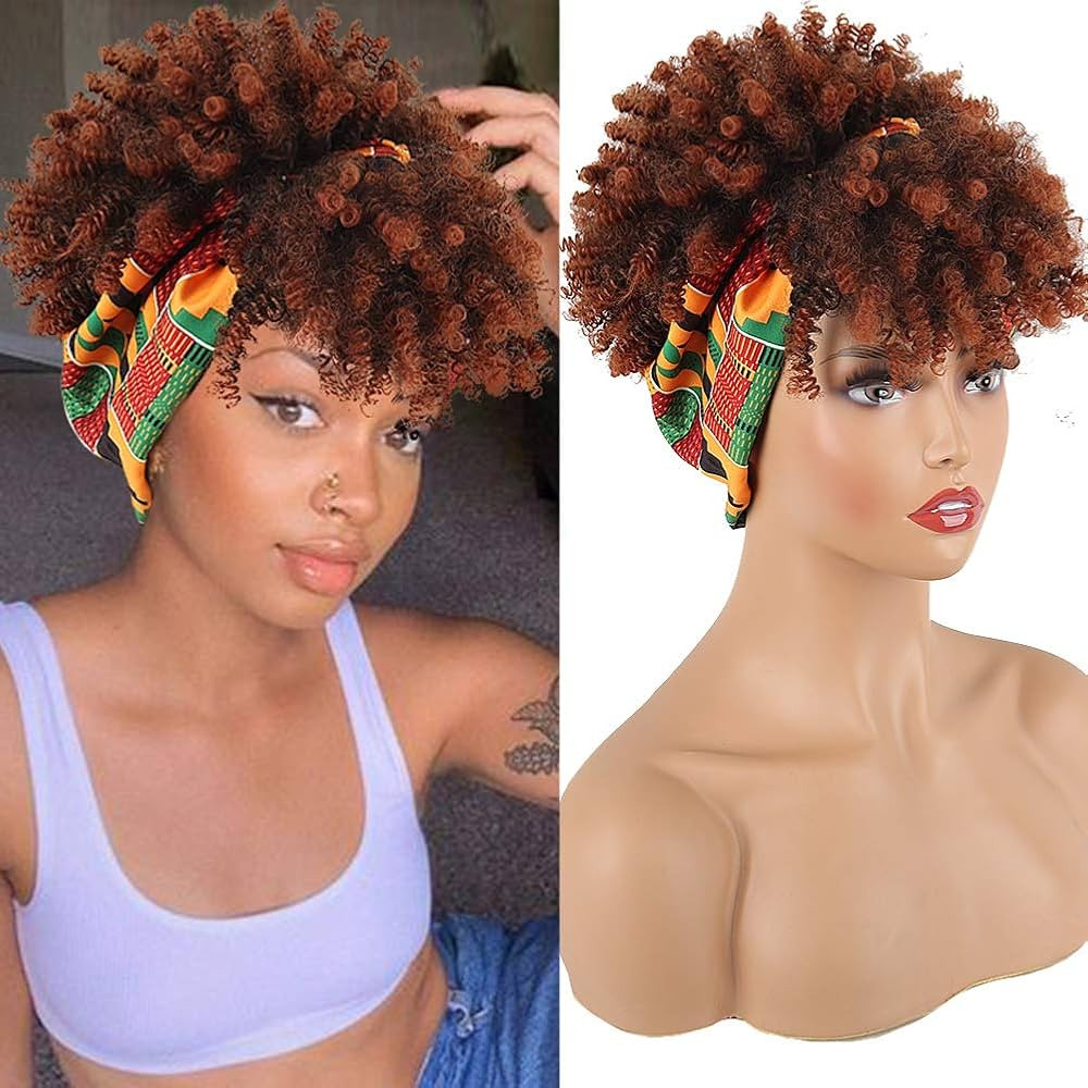 Aisaide Wrap Wigs for Black Women,Short Kinky Curly Wigs Brown Wigs with Bangs Headwrap Wigs 2 in... | Amazon (US)