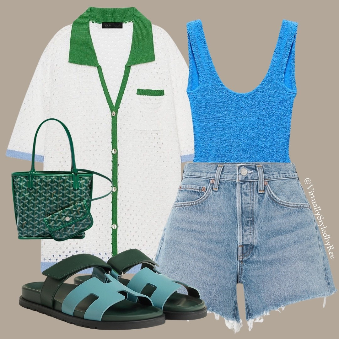 Sun-soaked and sea-ready 💙🌴 This holiday look is giving effortless chic with a Zara Hunza G-inspired textured swimsuit, relaxed denim cutoffs, and breezy knit layers. Finished with cool green accessories for that perfect pop, easy and elevated.  

#LTKuk #LTKswimwear #LTKsummer