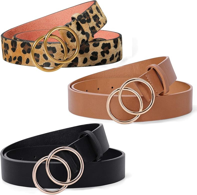 3 Pack Double Ring Belt for Women, Faux Leather Jeans Belts with Golden Circle Buckle | Amazon (US)