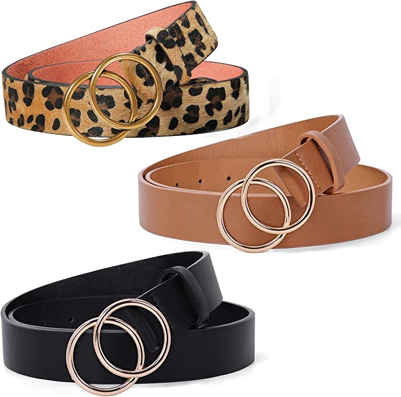 3 Pack Double Ring Belt for Women, Faux Leather Jeans Belts with Golden Circle Buckle | Amazon (US)