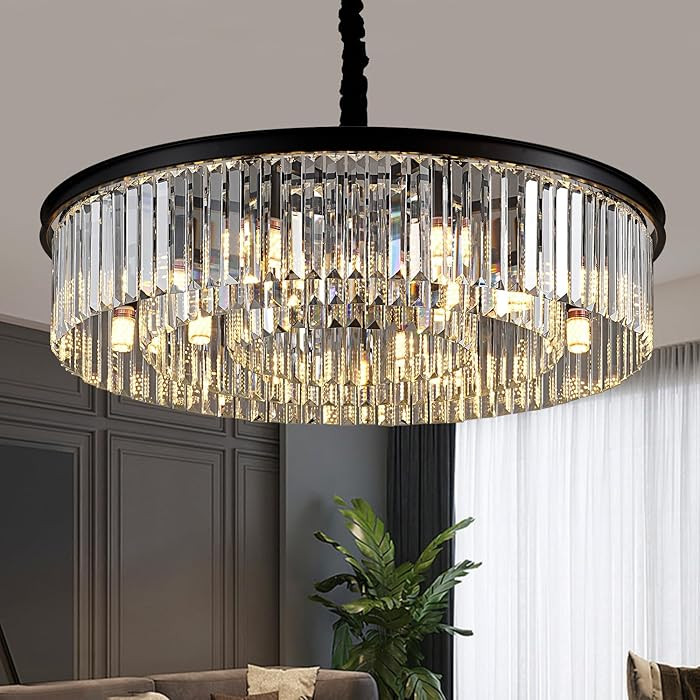31.5" 12-Light Modern Crystal Chandelier Light Fixtures 3 Rings Black Luxury Chandeliers for Livi... | Amazon (US)