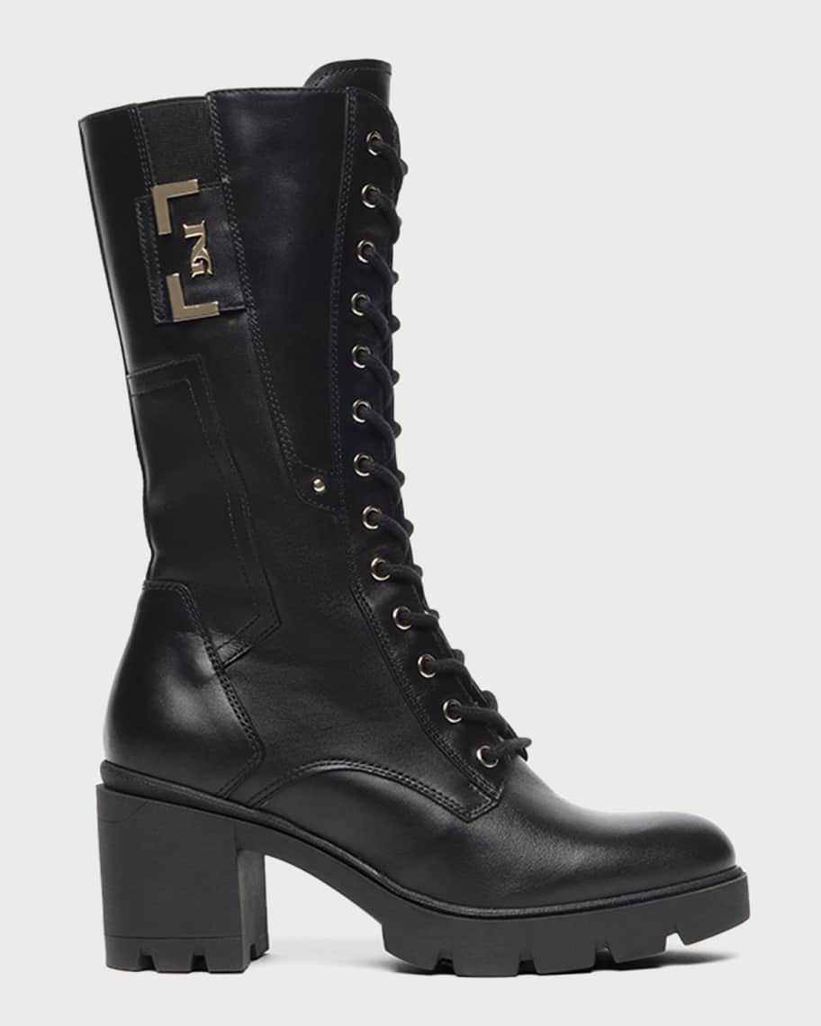 NeroGiardini Calfskin Logo Heeled Moto Boots | Neiman Marcus