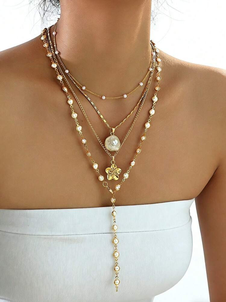 4pcs Fashionable Minimalist Bohemian Shell Flower & Faux Pearl Y-Necklace Set, Versatile For Vacation, Date, Party, Gift, Daily Wear | SHEIN