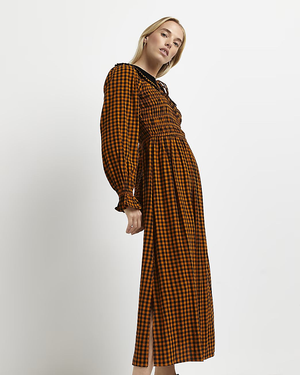 Rust gingham shirred midi dress | River Island (UK & IE)