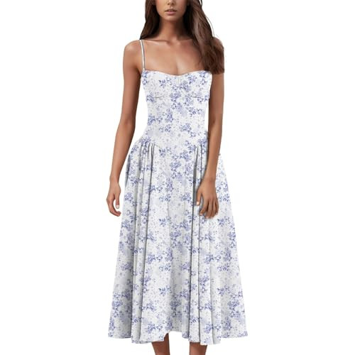 WJDNHKYD Corset Dresses for Women Corset Midi Dress Elegant Spaghetti Strap Bustier Midi Dress Flowy Pleated Hem Low Cut Prom Dresses with Pockets Medium 01-Light Blue | Amazon (US)
