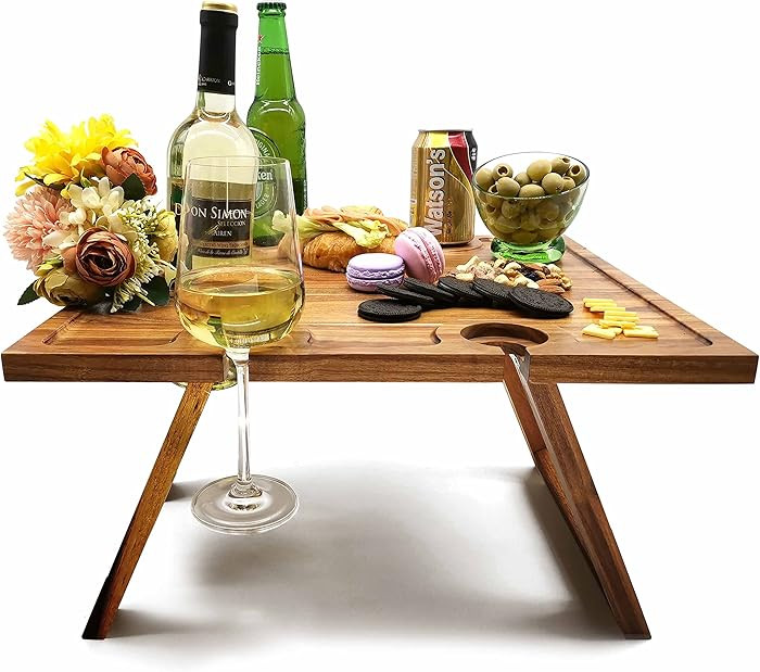 SASIDO Portable Wine Picnic Table, Acacia Wood, Larger Tray Foldable, Charcuterie Board, Wine Gif... | Amazon (US)
