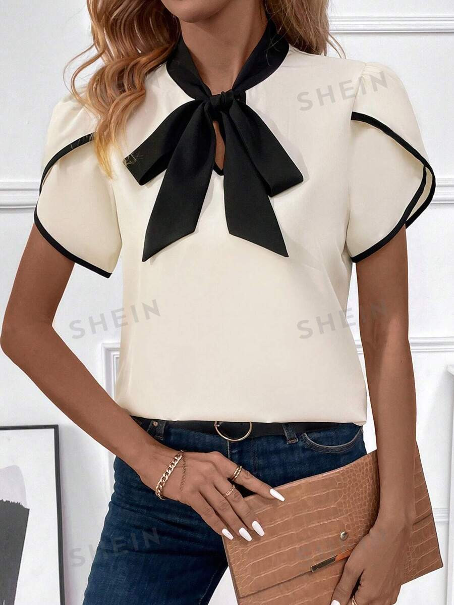 SHEIN Clasi Tie Collar Petal Sleeve Blouse | SHEIN