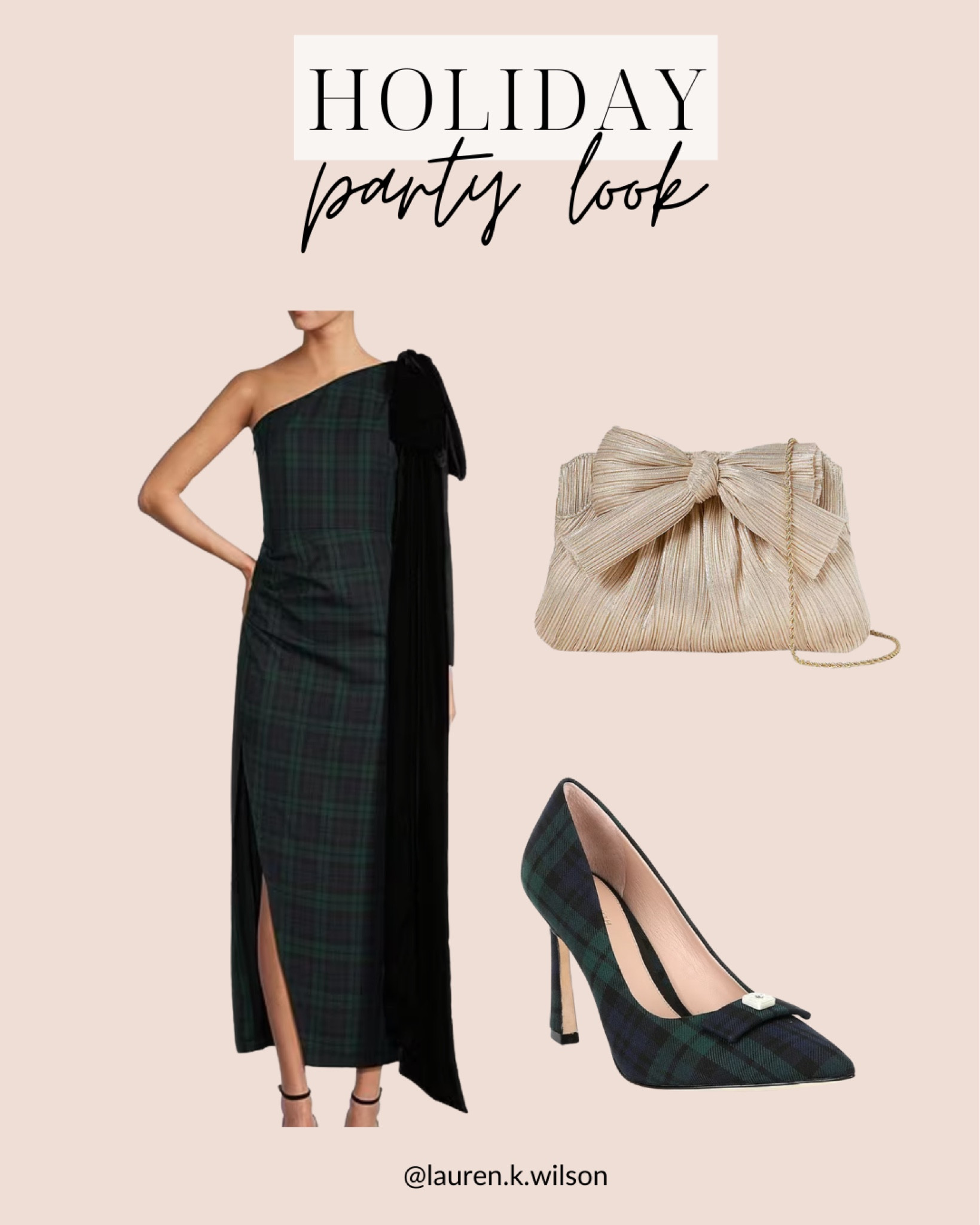 Holiday party look, one shoulder, bow, velvet, plaid, pointed toe, heels, gold, purse, handbag 

#LTKSeasonal #LTKstyletip #LTKHoliday